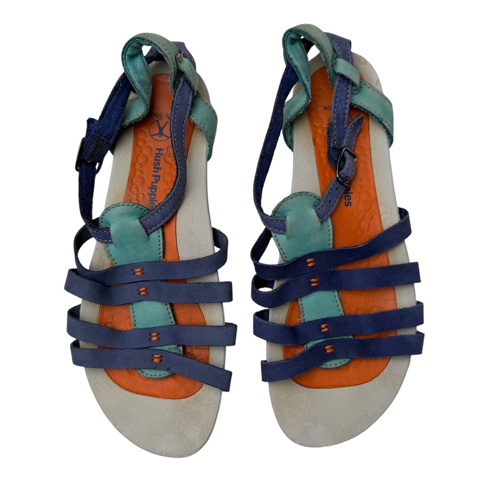 Hush Puppies Body Shoe Sandals Strappy Leather Blue Teal Orange Gorpcore Sz 8.5